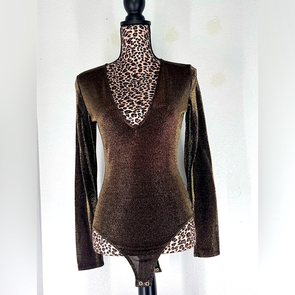 Elegant, bronze/gold glittery bodysuit. Cute to dress up or down